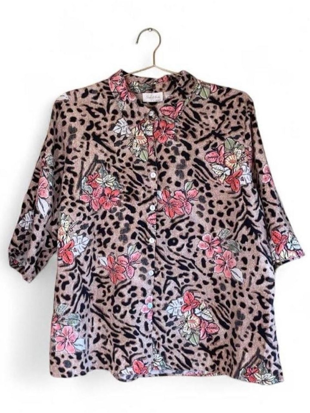Studio Works Leopard Floral Button-Up Blouse – Vintage Style Relaxed Fit (3X)